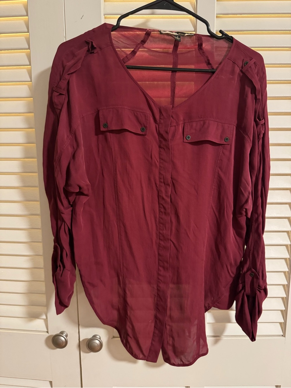 Cynthia Steffe Deep Burgundy V-Neck Button-Front Utility Blouse